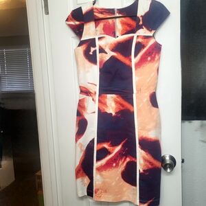 Handmade Abstract Print Sheath Dress w Pockets Red/Orange/Navy Women's Size 4